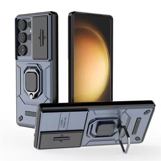 Shockproof Armor Case with Slide Camera Lens Protection & Ring Stand for Samsung Galaxy S25 Series