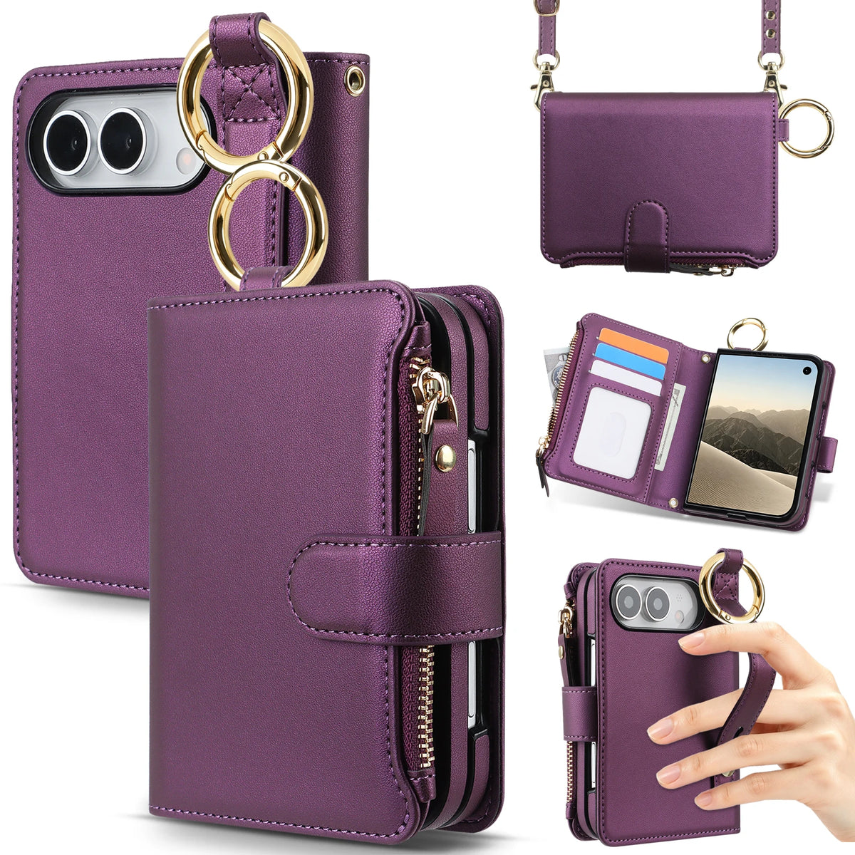 Zipper Wallet Case with Ring Hanger and Card Slots for iPhone Duo