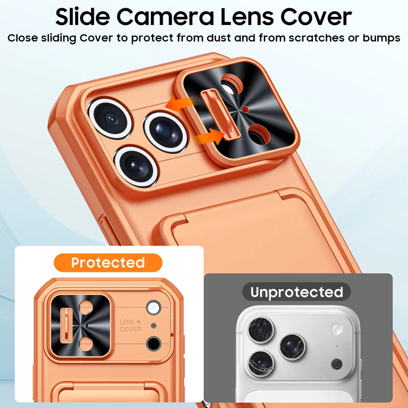 Shockproof PC+TPU Slide Camera Lens Protection Case with 3-Card Wallet for iPhone 18 Series