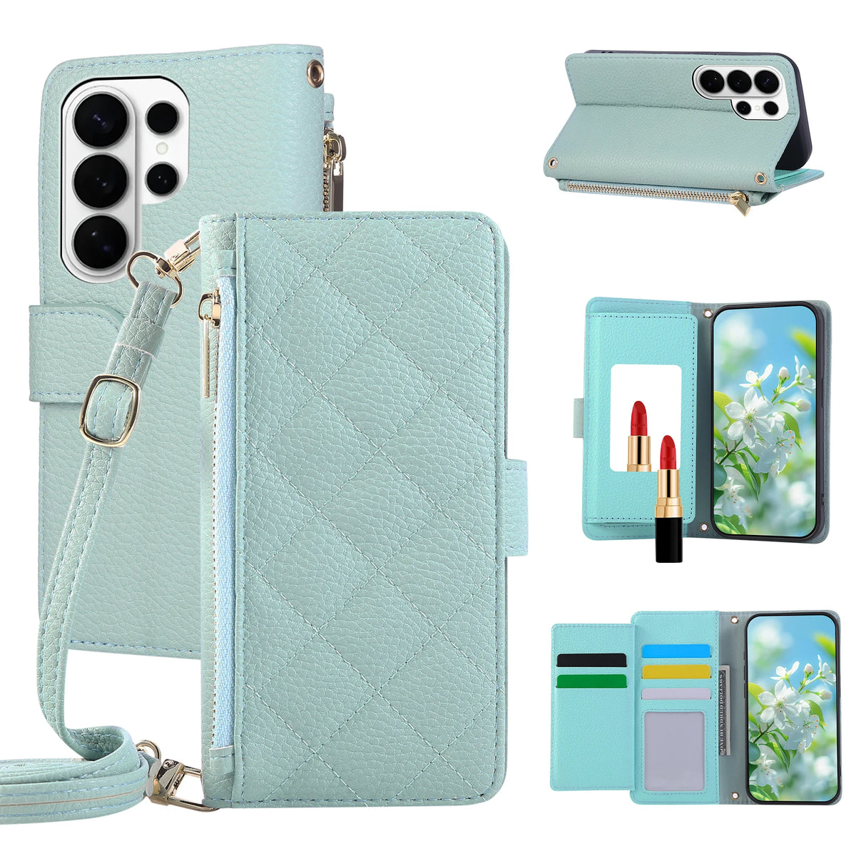 Quilted Crossbody Wallet Case with Detachable Lanyard Strap for Samsung Galaxy S25 Series