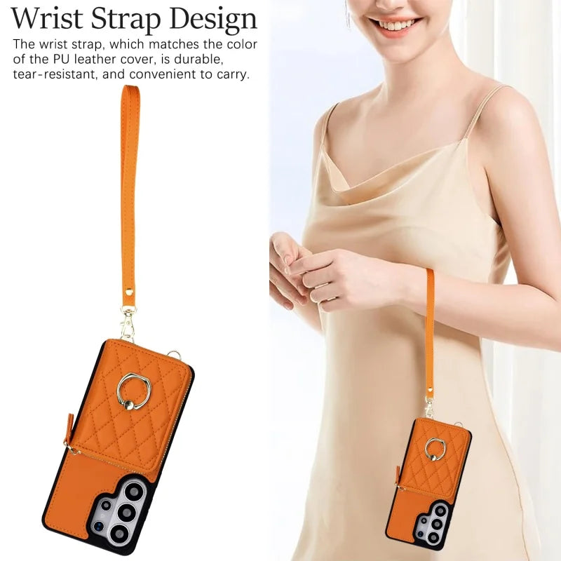 Crossbody Leather Wallet Case with Wrist Lanyard for Samsung Galaxy S26 Series