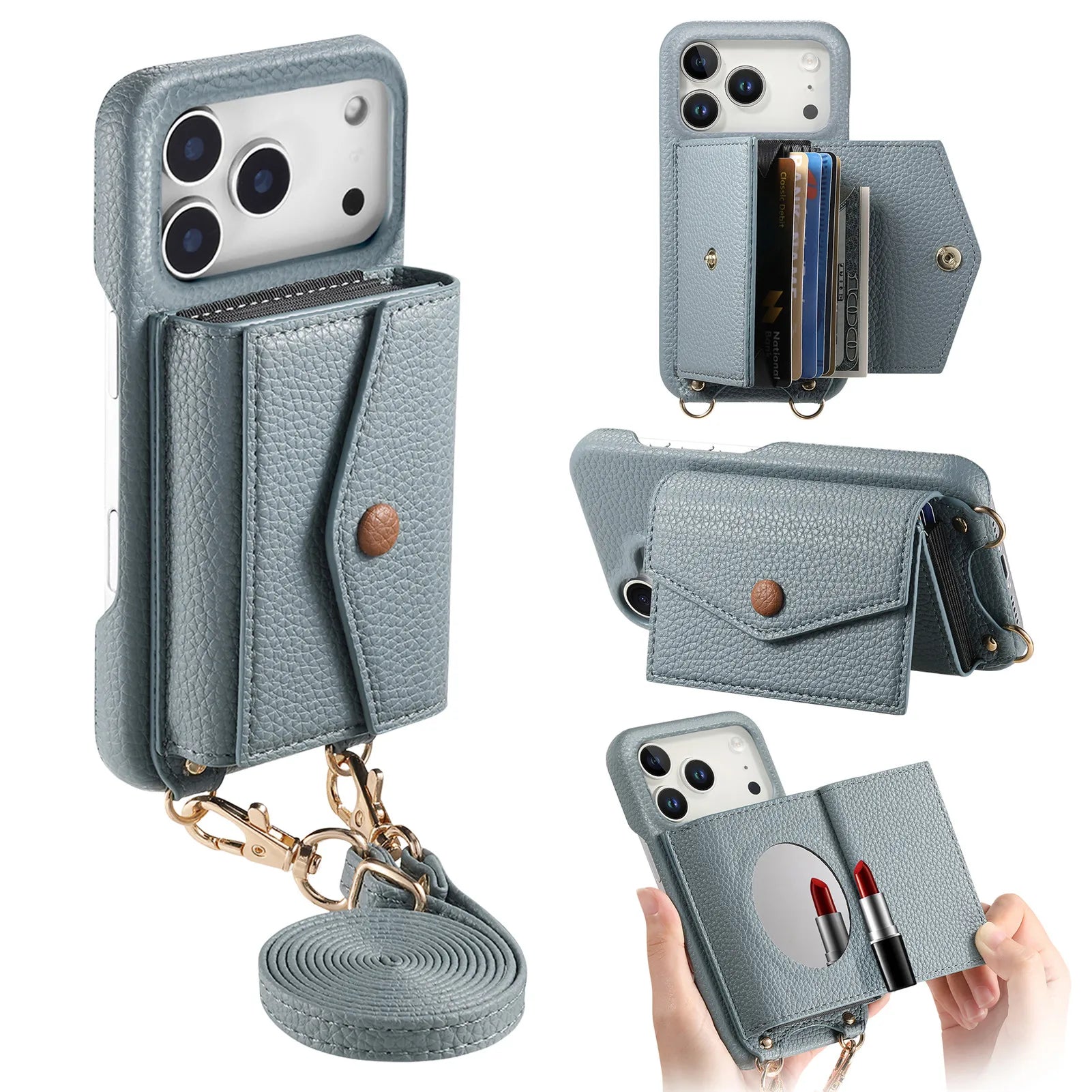 Premium Multi-Functional Leather Wallet Case with Built-In Makeup Mirror & Strap for iPhone 17 Series