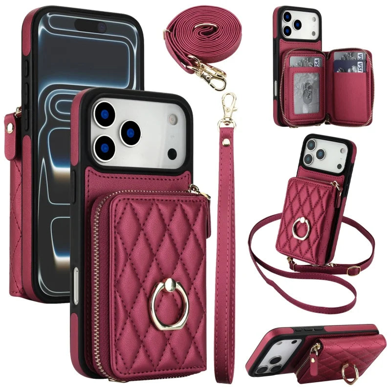 Leather Wallet Phone Case with Adjustable Lanyard for iPhone 17 Series