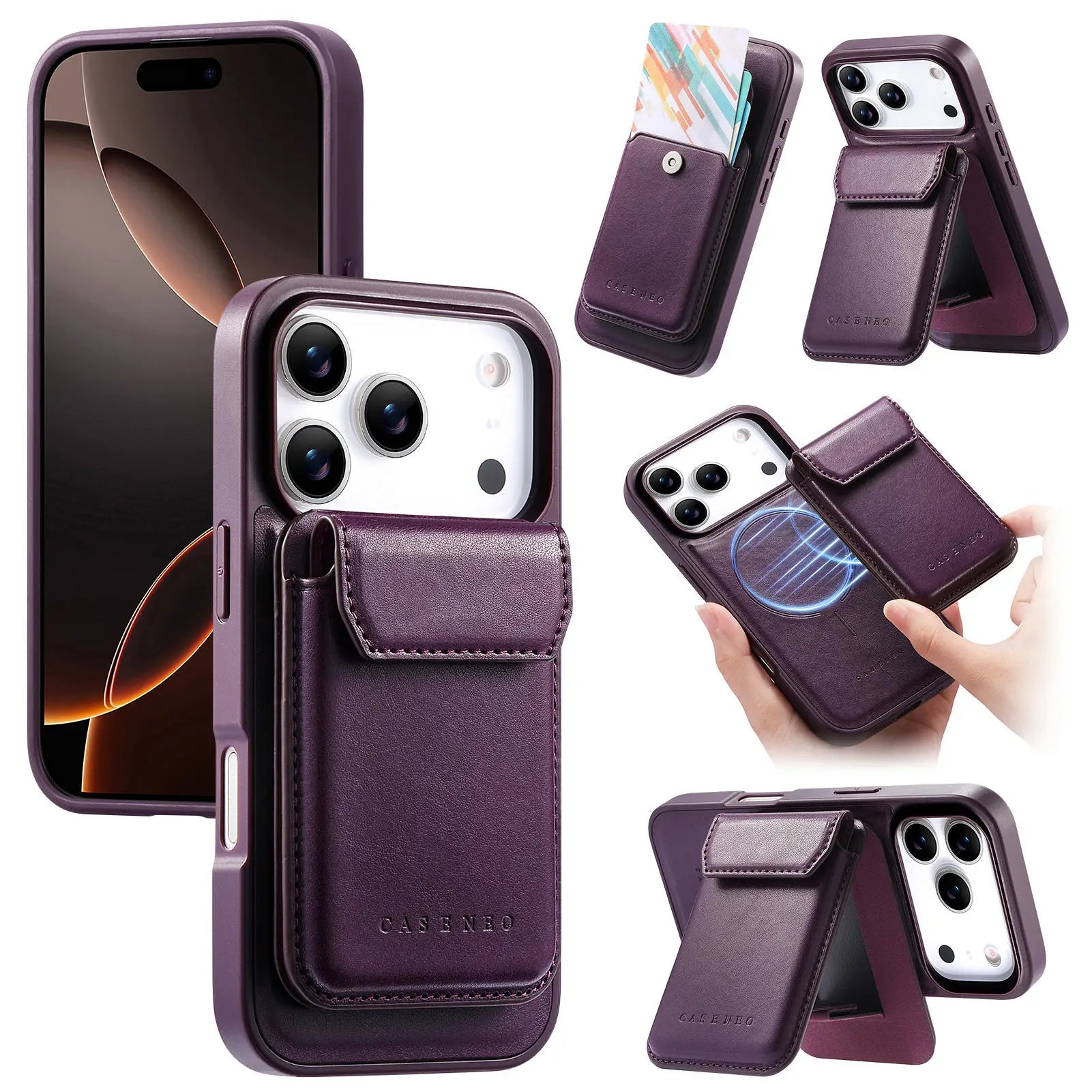Shockproof Leather MagSafe Case with Detachable Card Holder for iPhone 17 Series