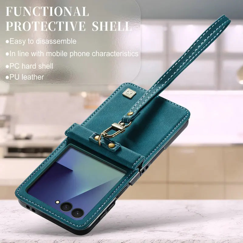 PU Leather Case with Detachable Wrist Lanyard for Samsung Galaxy Z Flip 8