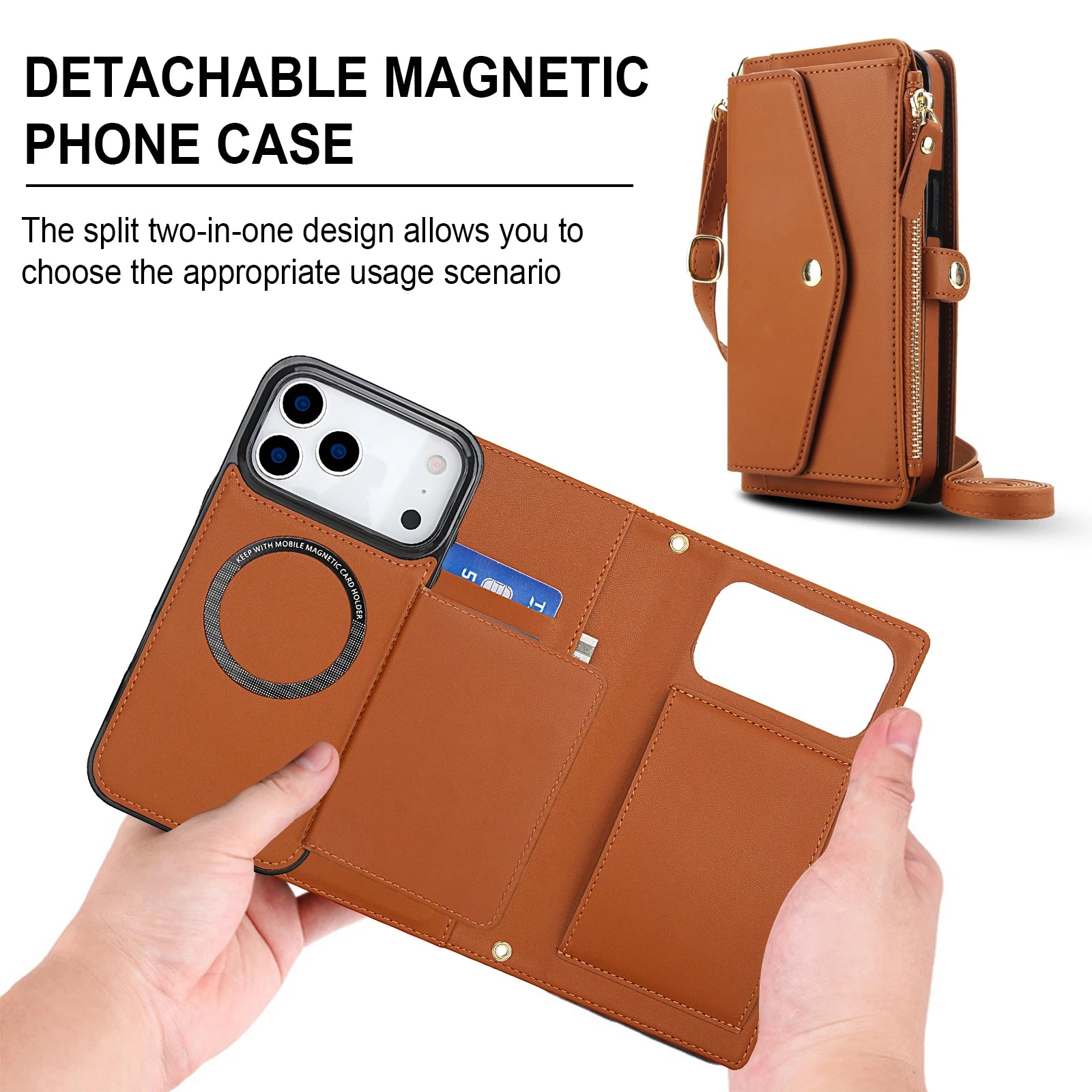 Detachable MagSafe Leather Crossbody Case with Zippered Flip Wallet & Card Slot for iPhone 17 Series