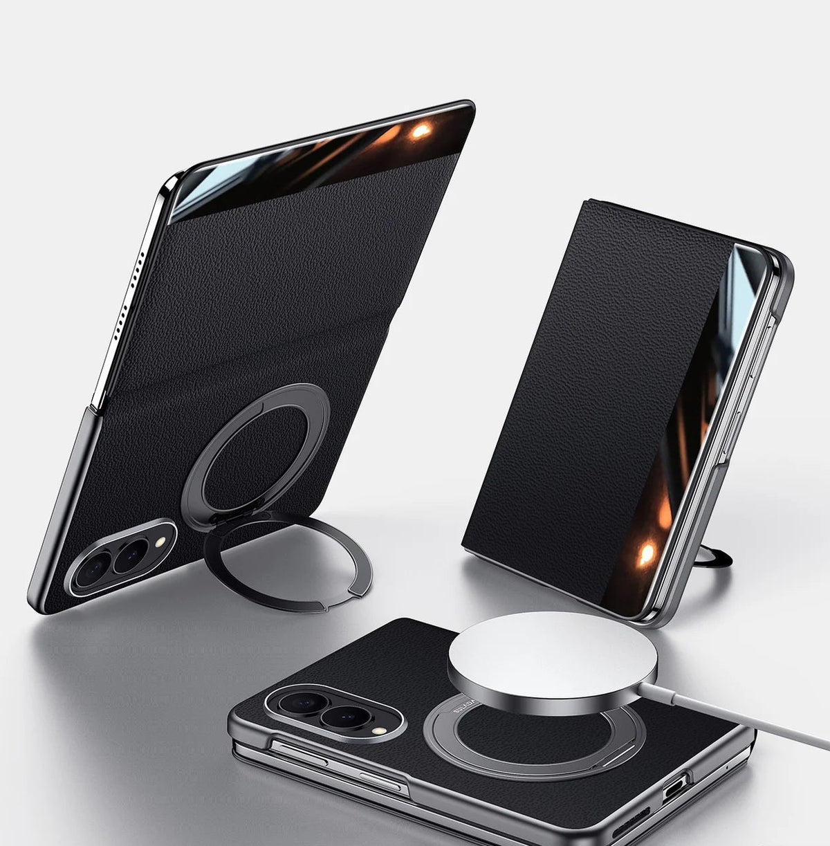 Top-Grain Leather Flip Case with 360° Rotating Ring Stand for Samsung Galaxy Z Fold 8