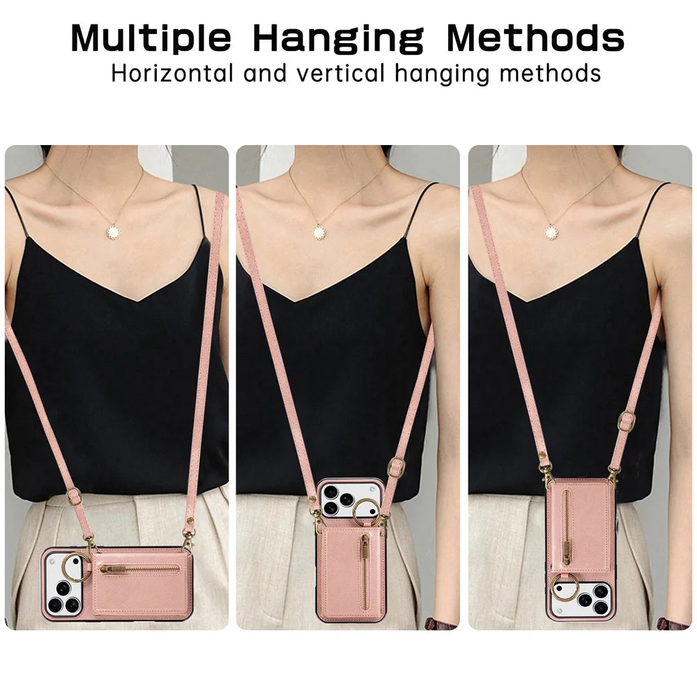 Multi-Functional Crossbody Leather Wallet Case with Ring Holder & Zipper for iPhone 17 Series