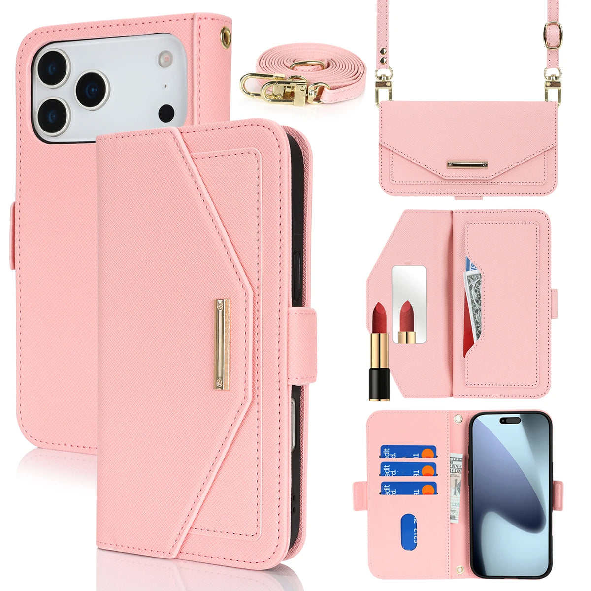Crossbody Wallet Case with Mirror and Shoulder Strap for iPhone 17 Series