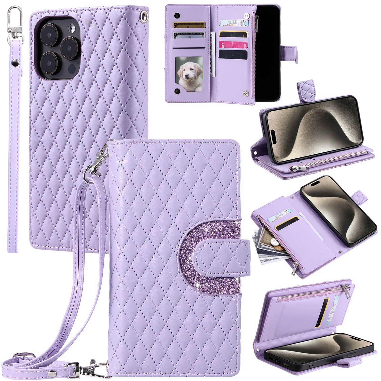 Crossbody Glitter Leather Wallet Case with Card Slots and Zipper Bag Purse for iPhone 15 Series