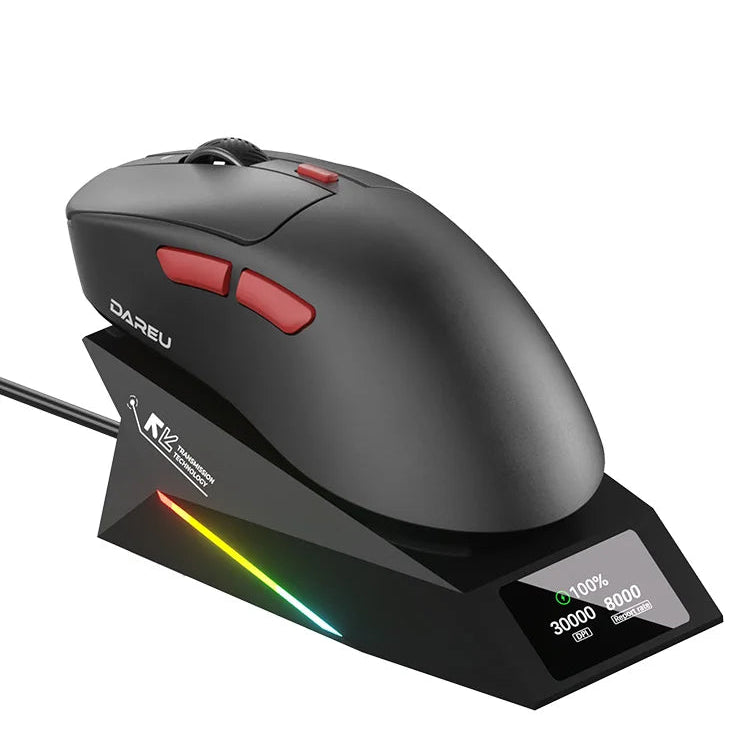 Gaming mouse with charging stand on a white background