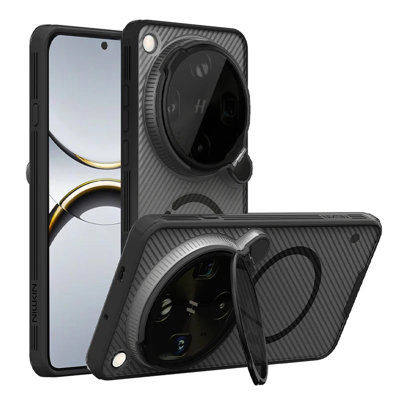 Carbon Fiber Rotatable Magnetic Kickstand Case with Lens Protection Ring for OPPO Find X9 Ultra