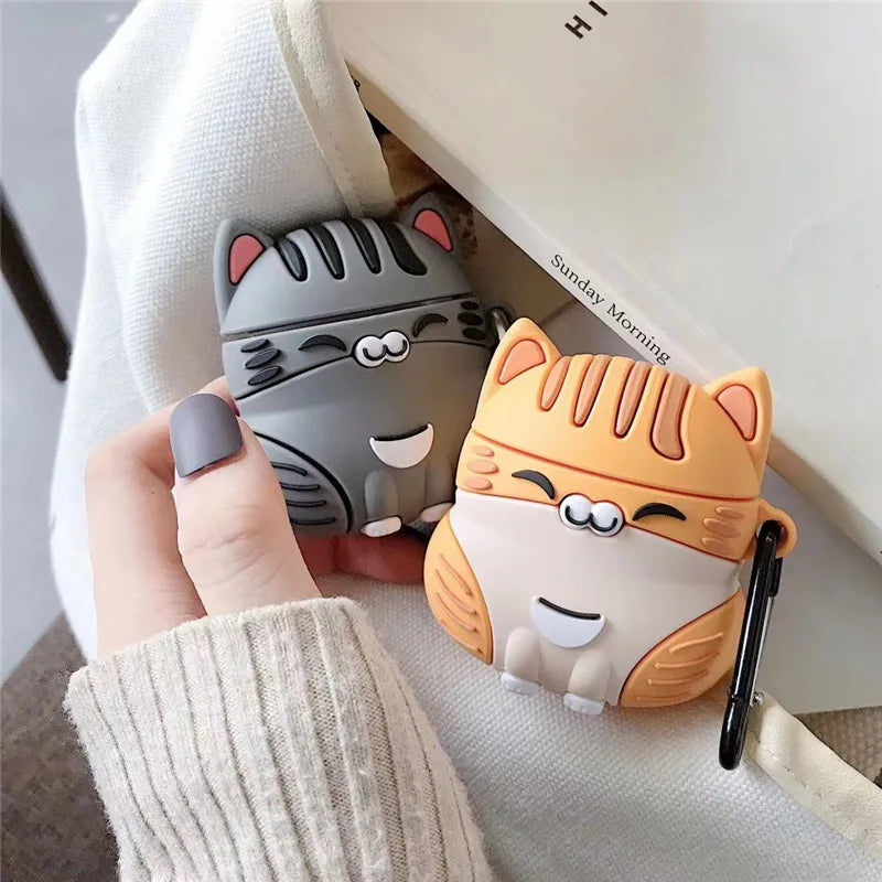 Shockproof Silicone Cat-Shaped Case with Carabiner Clip for AirPods 1 & 2