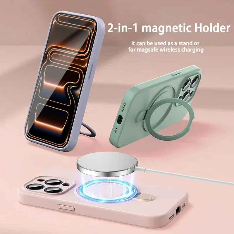 iPhone 17 Series Silicone MagSafe Case with Rotating Ring Holder Stand