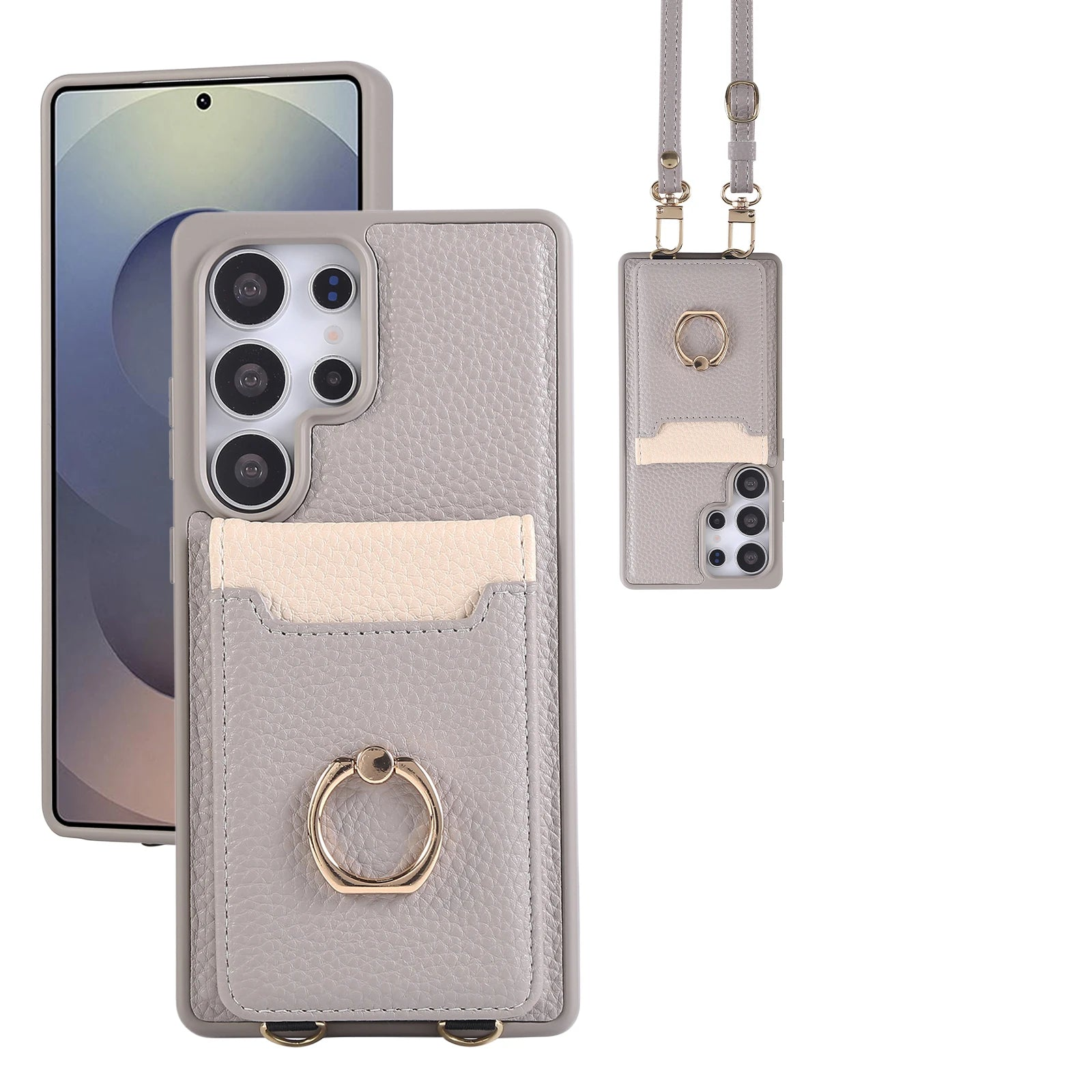 Lychee Grain Leather Crossbody Case with Adjustable D-Ring Strap and Card Wallet for Samsung Galaxy S23 Series