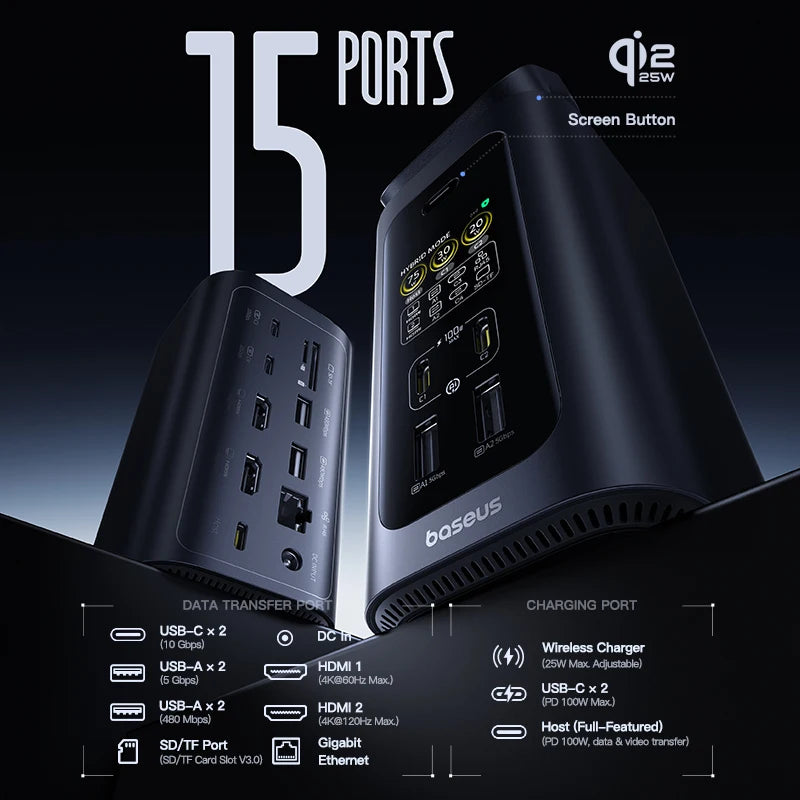 Baseus Spacemate RD1 Pro 15-in-1 USB-C Hub Docking Station with 4K HDMI and Wireless Charging