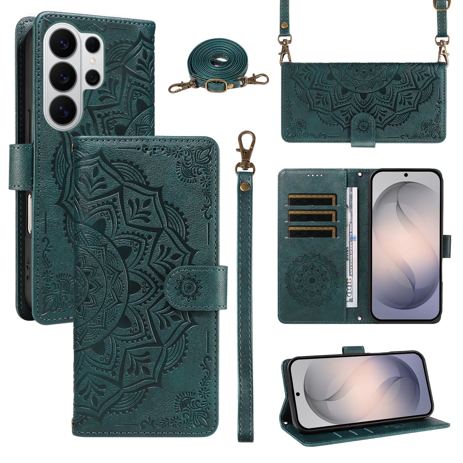 Embossed Mandala Crossbody Leather Wallet Case for Samsung S26 Series