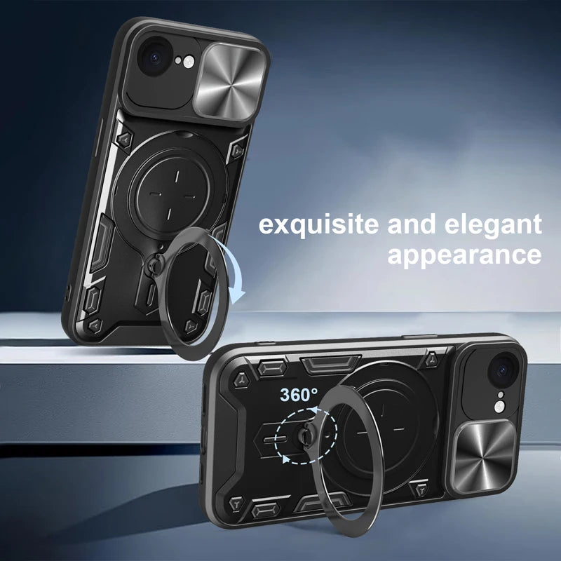 iPhone 16e Protective Magnetic Case with 360° Rotating Ring Stand