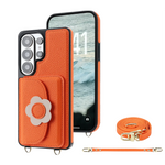 Pebbled Leather Crossbody Lanyard Case with Rotatable Flower Grip Stand for Samsung Galaxy S24 Series