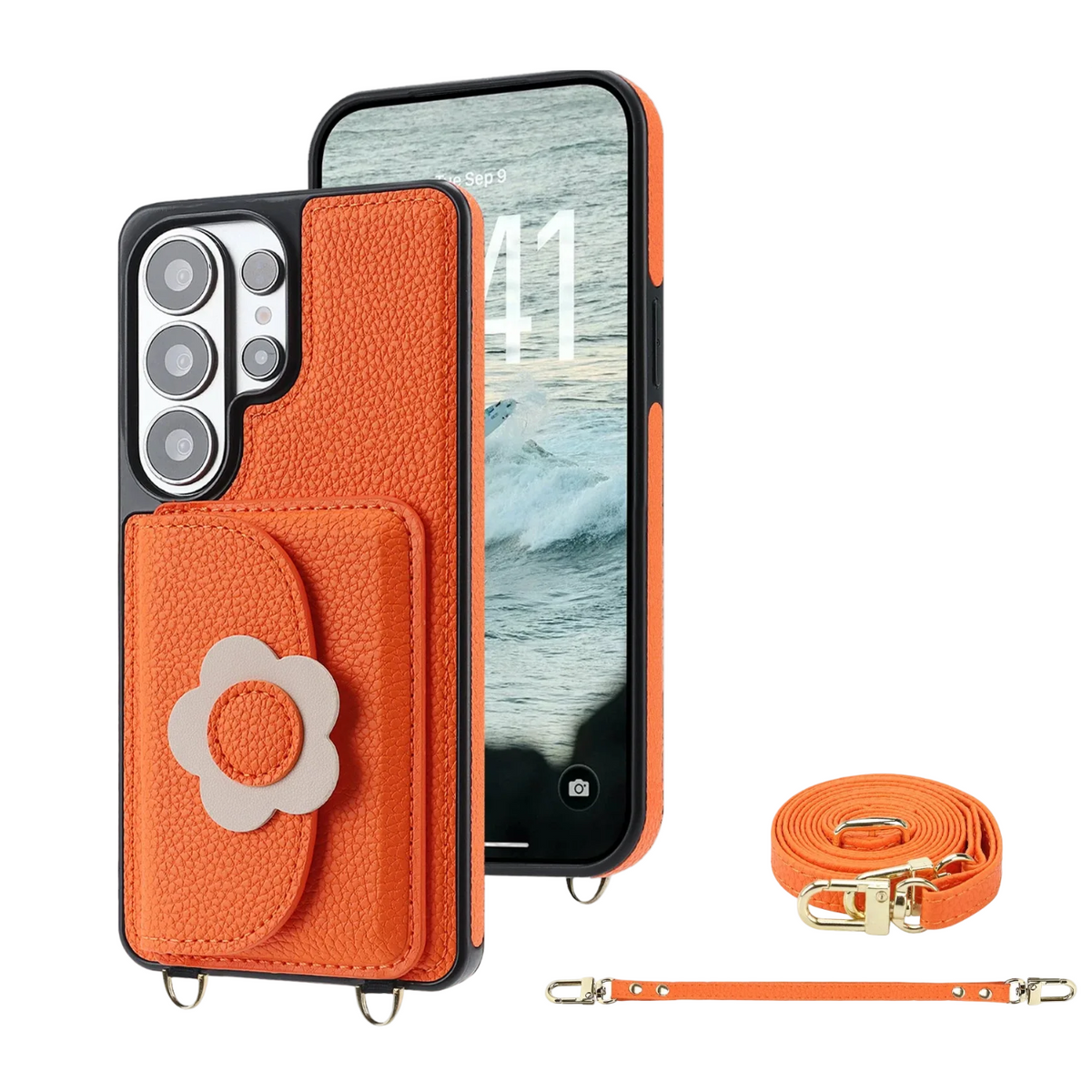Pebbled Leather Crossbody Lanyard Case with Rotatable Flower Grip Stand for Samsung Galaxy S24 Series