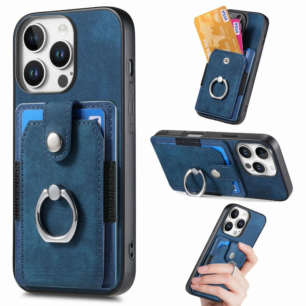 Ring Wallet Leather Case with Card Holder and Kickstand for iPhone 16 Series