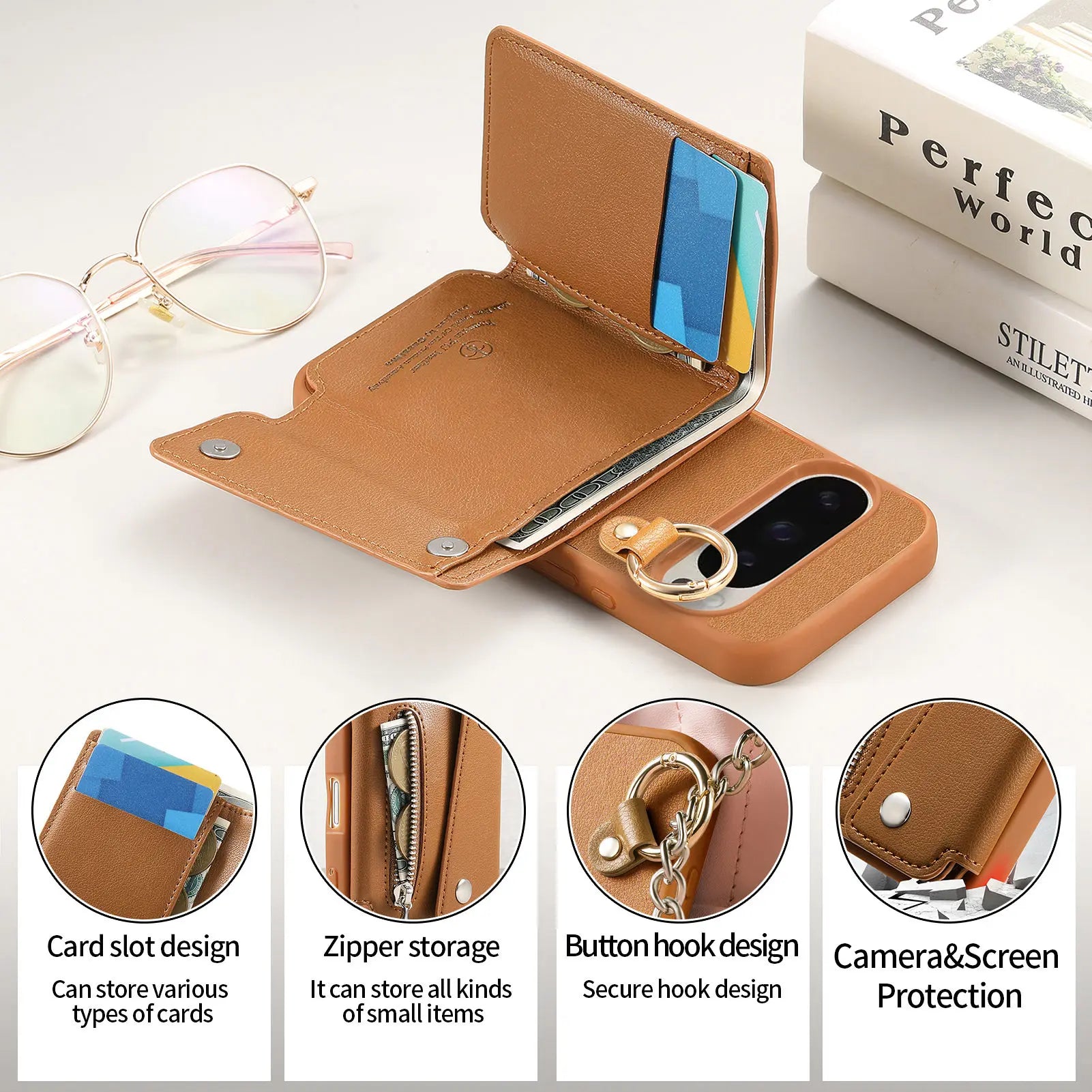 Zipper Wallet Leather Flip Case with Ring Holder for Google Pixel 9 Series
