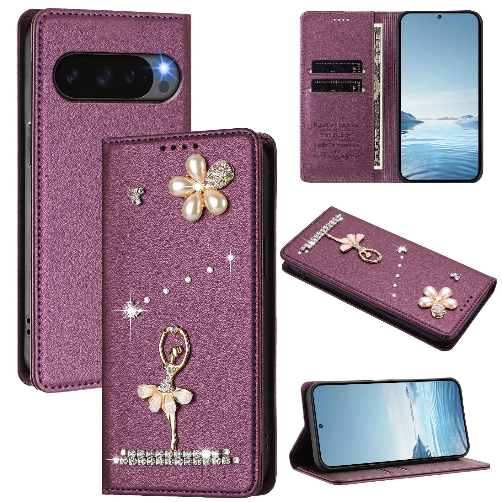 Cute Diamond Wallet Flip Case with Card Slot and Stand for Google Pixel 9 Series