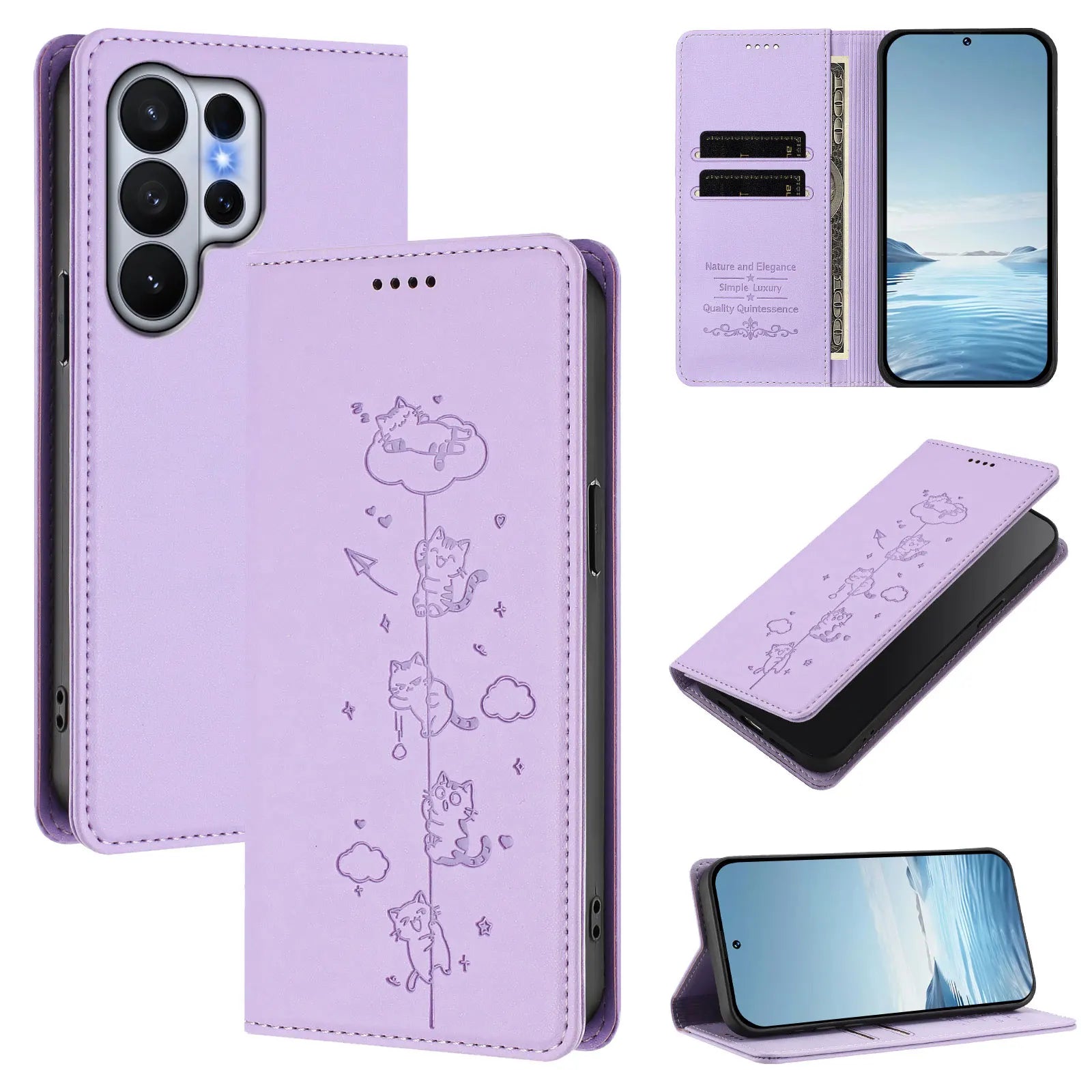 Cute Cat Embossed Leather Wallet Case for Samsung Galaxy S26 Series