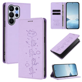 Cute Cat Embossed Leather Wallet Case for Samsung Galaxy S26 Series