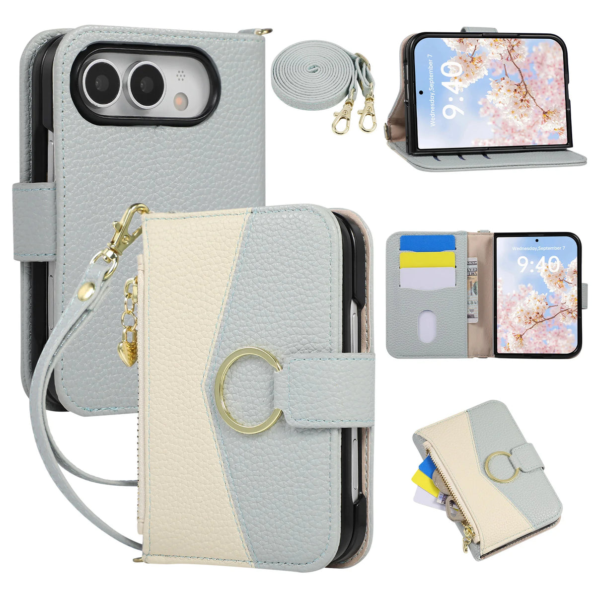 Quilted Leather Crossbody Wallet Case with Detachable Long Strap for iPhone Duo