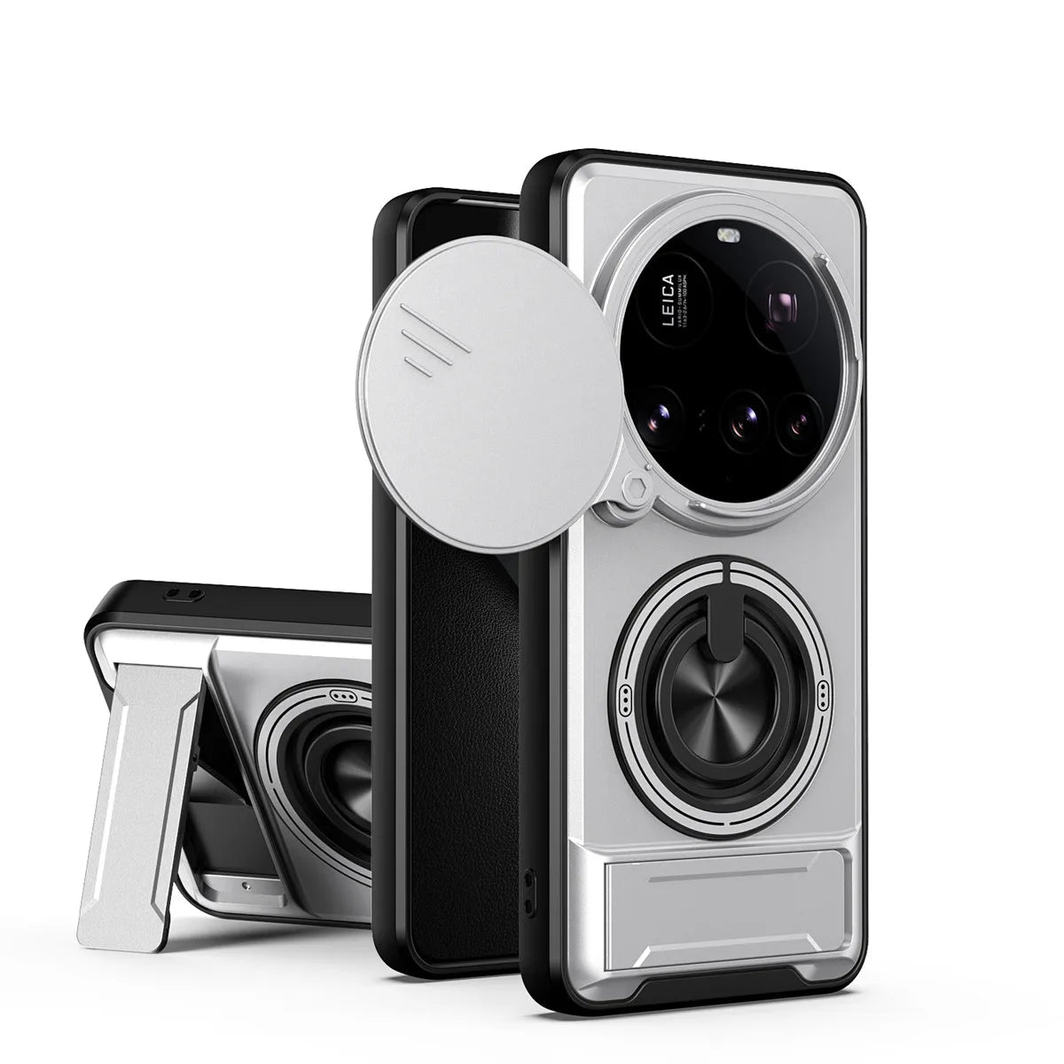 Sliding Lens Cover Armor Case with Rotating Ring Stand for Xiaomi 15 Ultra