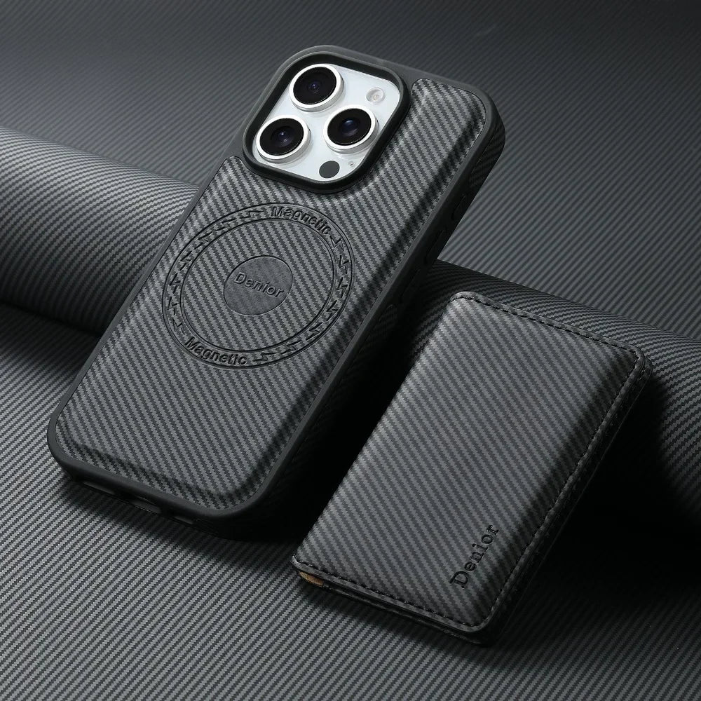 iPhone 15 Series Carbon Fiber Pattern MagSafe Case with Detachable Card Holder