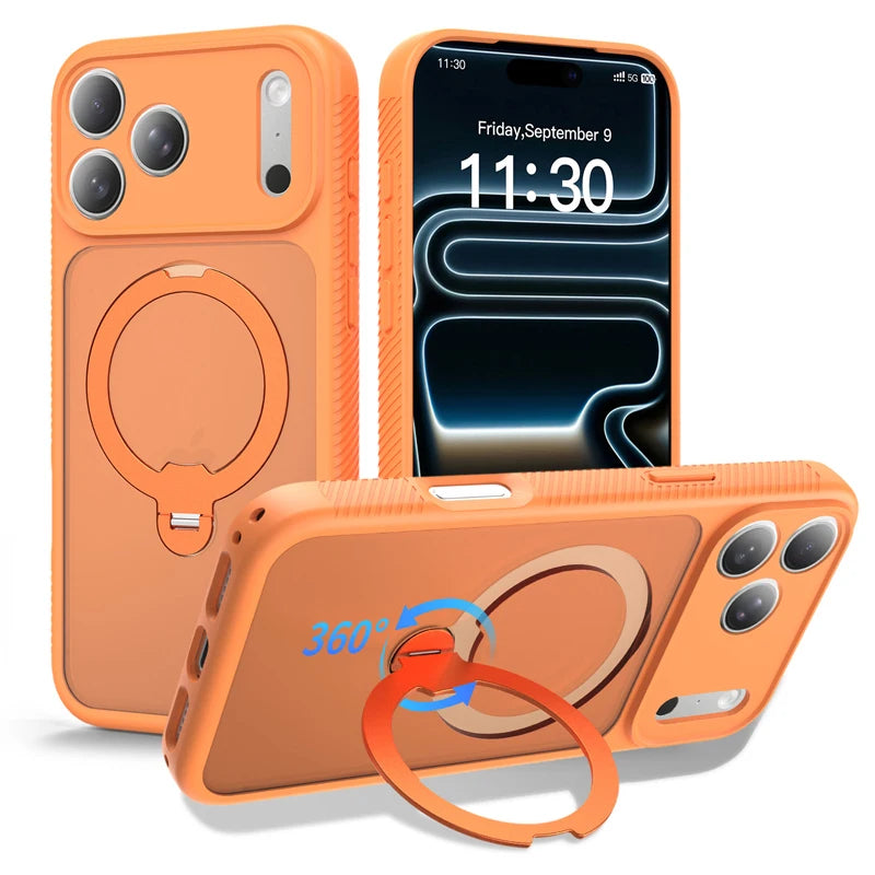 MagSafe Compatible Frosted Case with Rotatable Metal Ring Stand for iPhone 17 Series