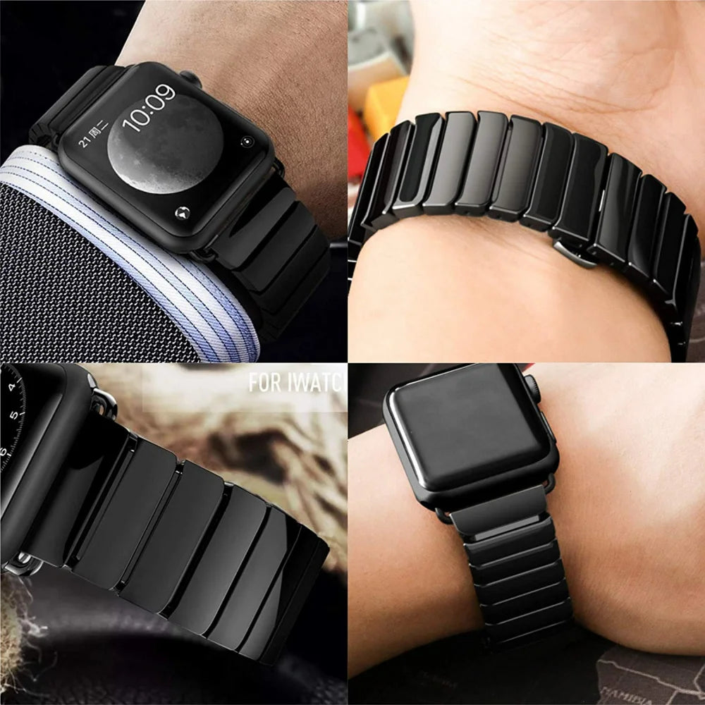 Ceramic Link Bracelet Band with Butterfly Clasp for Apple Watch