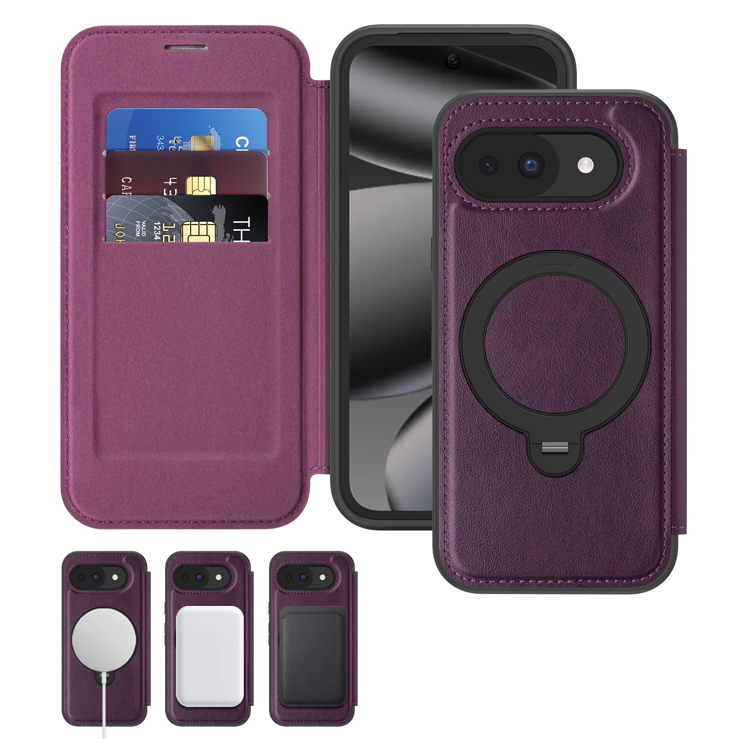 Google Pixel 10 Series Magnetic Leather Flip Case With Card Slot and Ring Holder