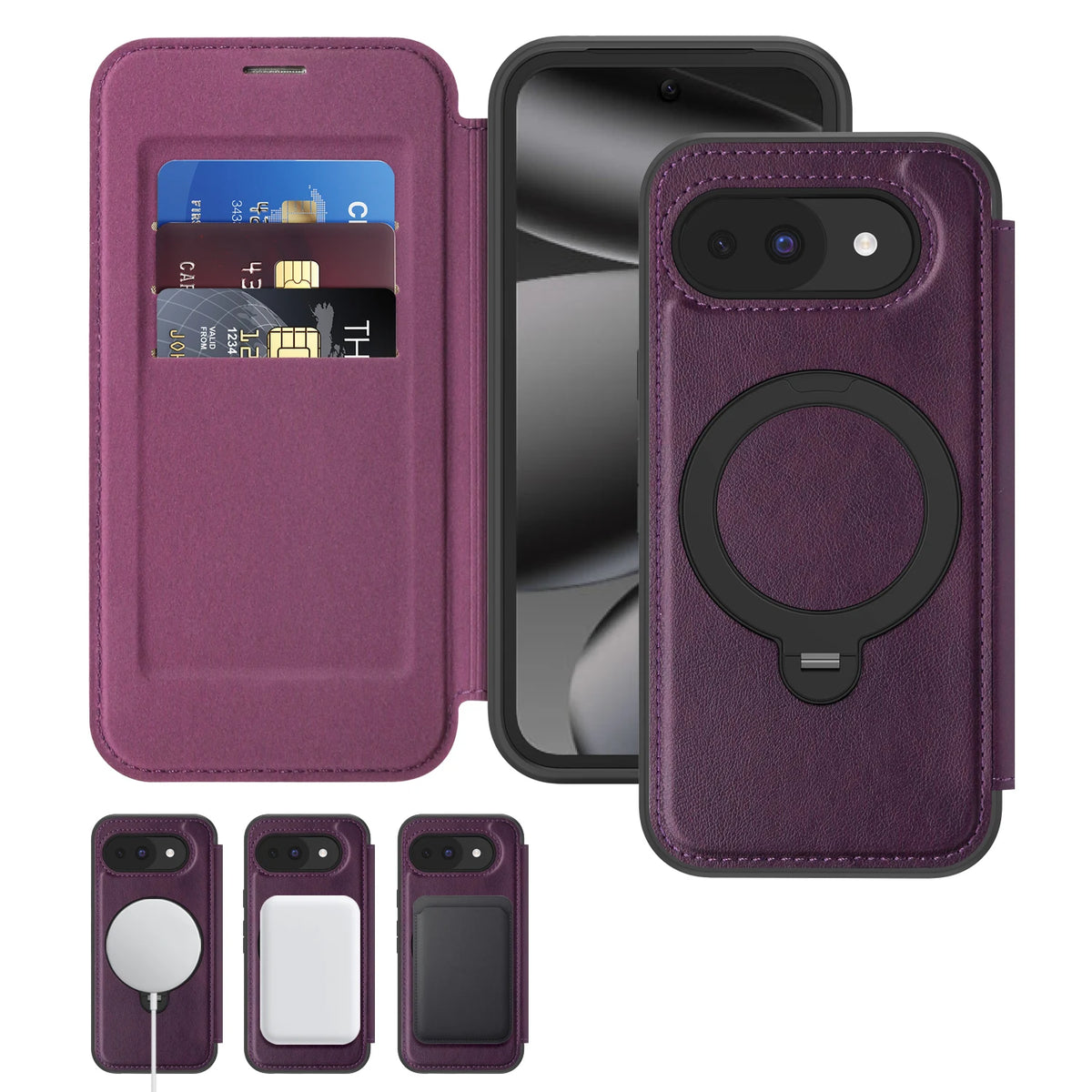 Google Pixel 10 Series Magnetic Leather Flip Case With Card Slot and Ring Holder