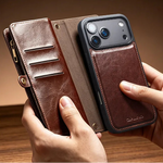 Genuine Leather Detachable Wallet Case with Wrist Strap for iPhone 17 Pro Max