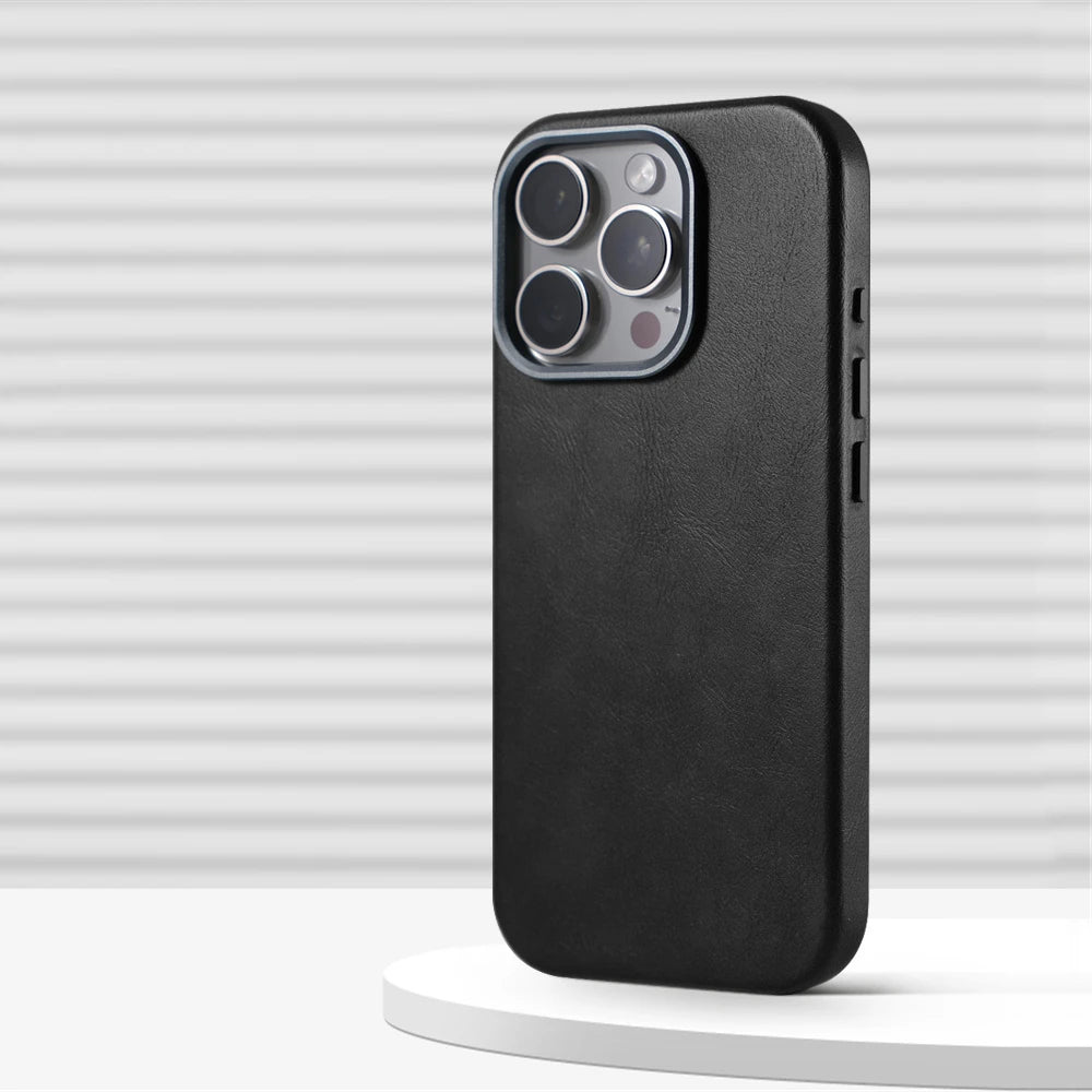 Luxury Business Retro Leather MagSafe Case with Alloy Lens for iPhone 16 Series