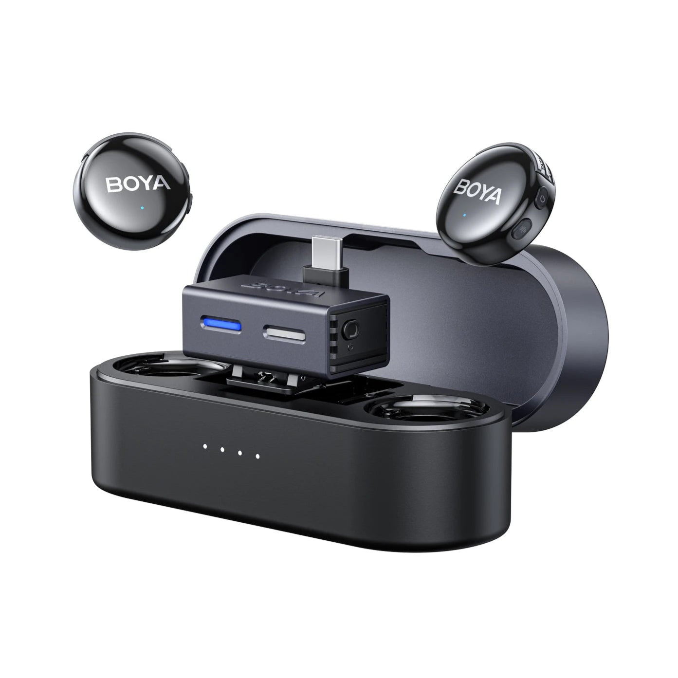 BOYALINK 3-02 audio transmitter and receiver system with charging case on a white background