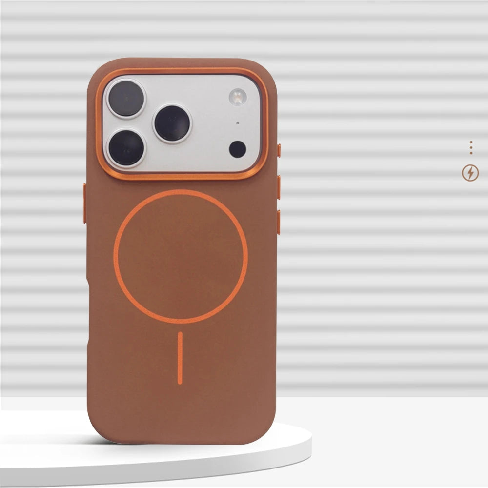 Luxury Elephant Grain PU Leather MagSafe Case with Alloy Lens Frame for iPhone 17 Series