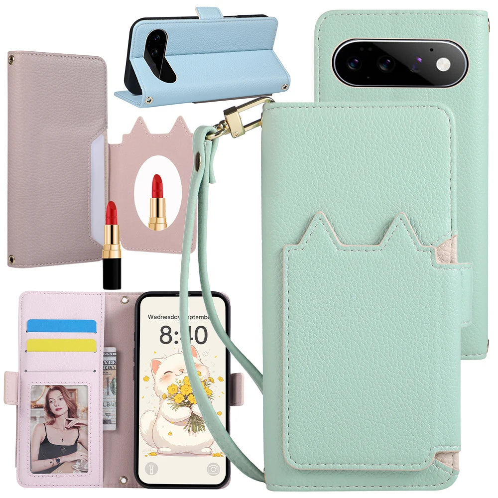 Leather Flip Case with Makeup Mirror for Google Pixel 10 Series