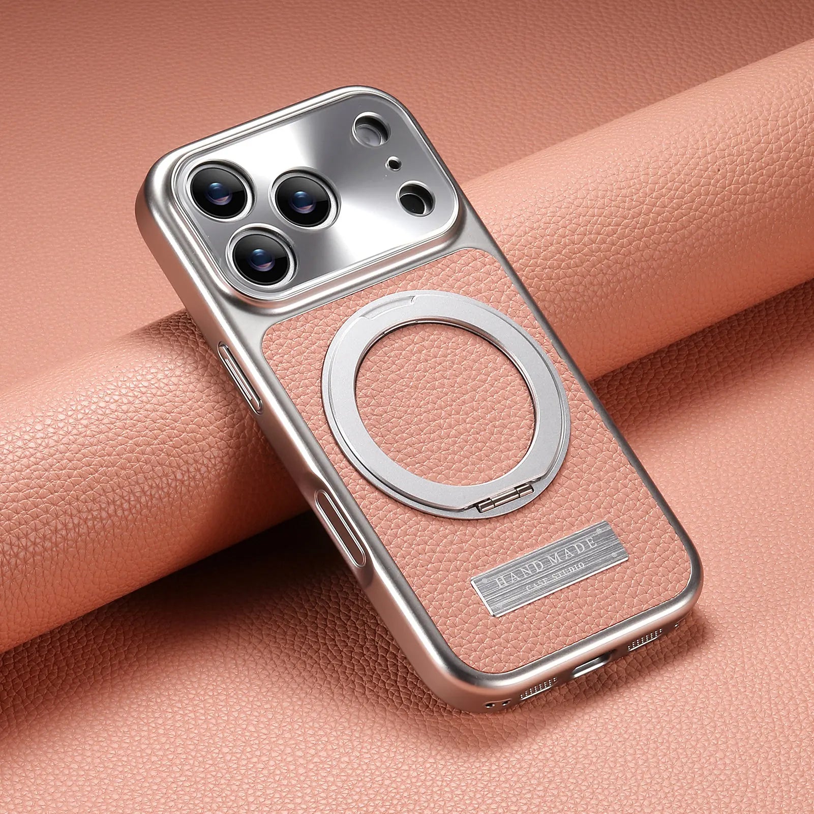 MagSafe Compatible Lychee Leather Case with 360° Kickstand for iPhone 17 Series