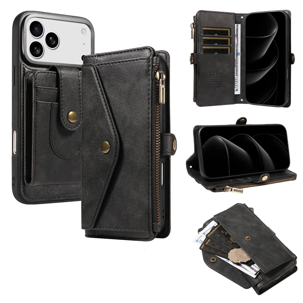 Textured Leather Detachable Wallet Case with Crossbody Strap for iPhone 18 Series