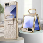 Embossed Leather Protective Case with Ring Stand for Samsung Galaxy Z Flip 6