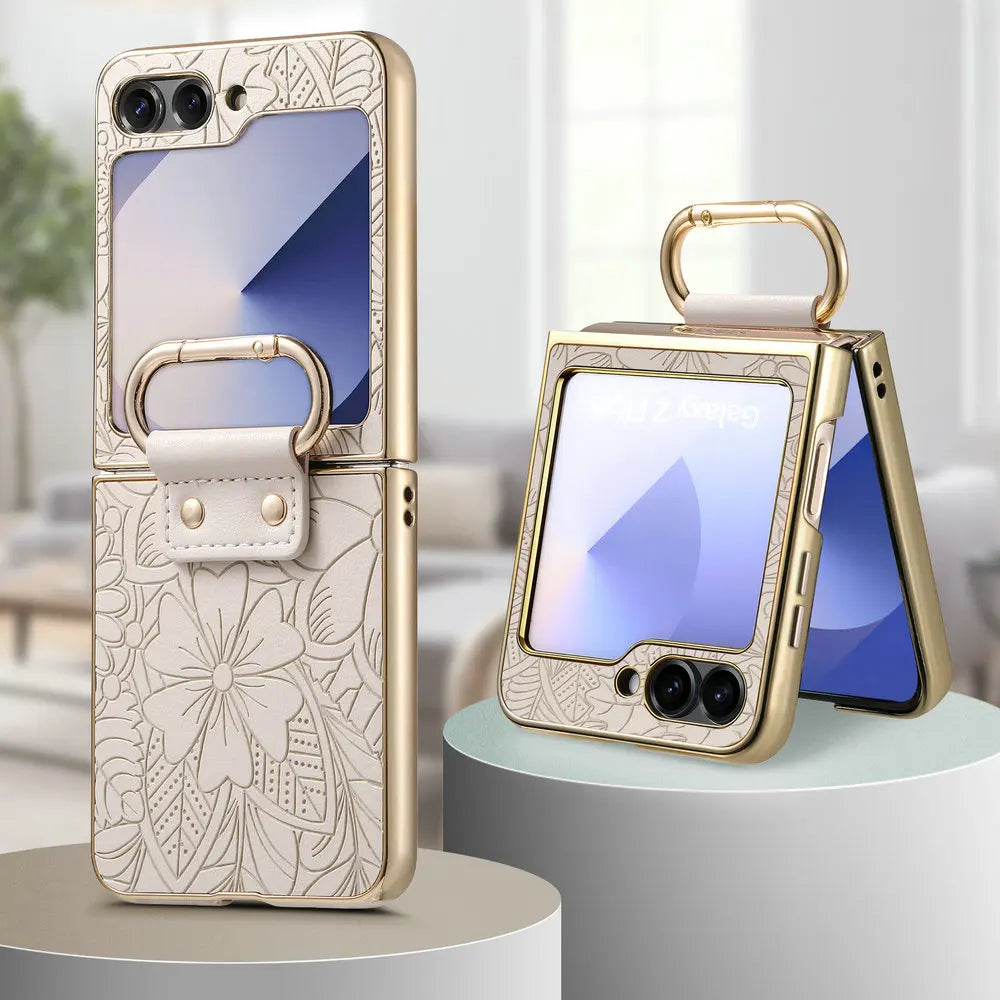 Embossed Leather Protective Case with Ring Stand for Samsung Galaxy Z Flip 6