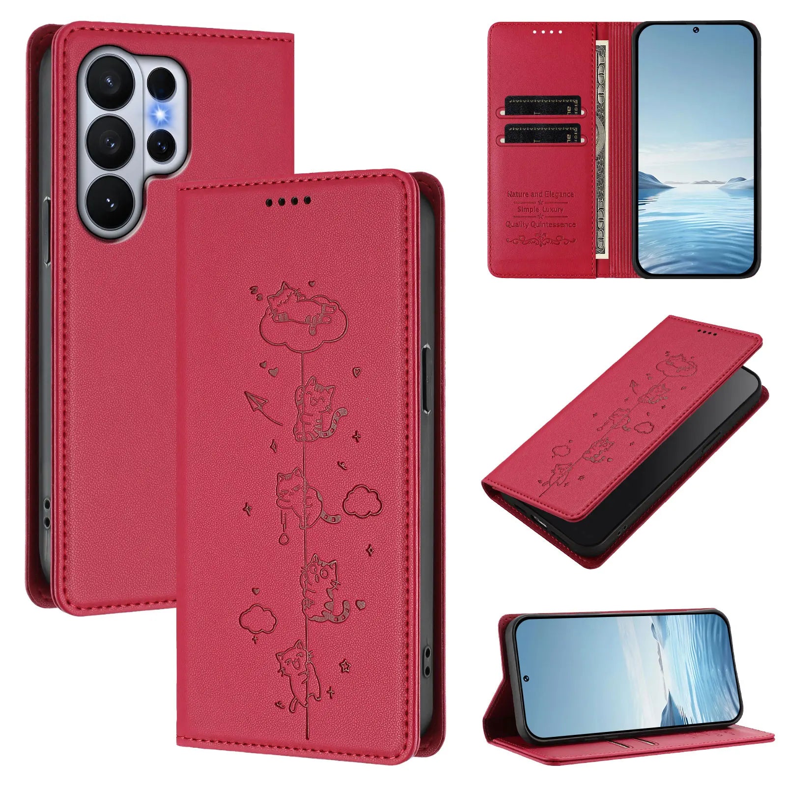 Cute Cat Embossed Leather Wallet Case for Samsung Galaxy S26 Series