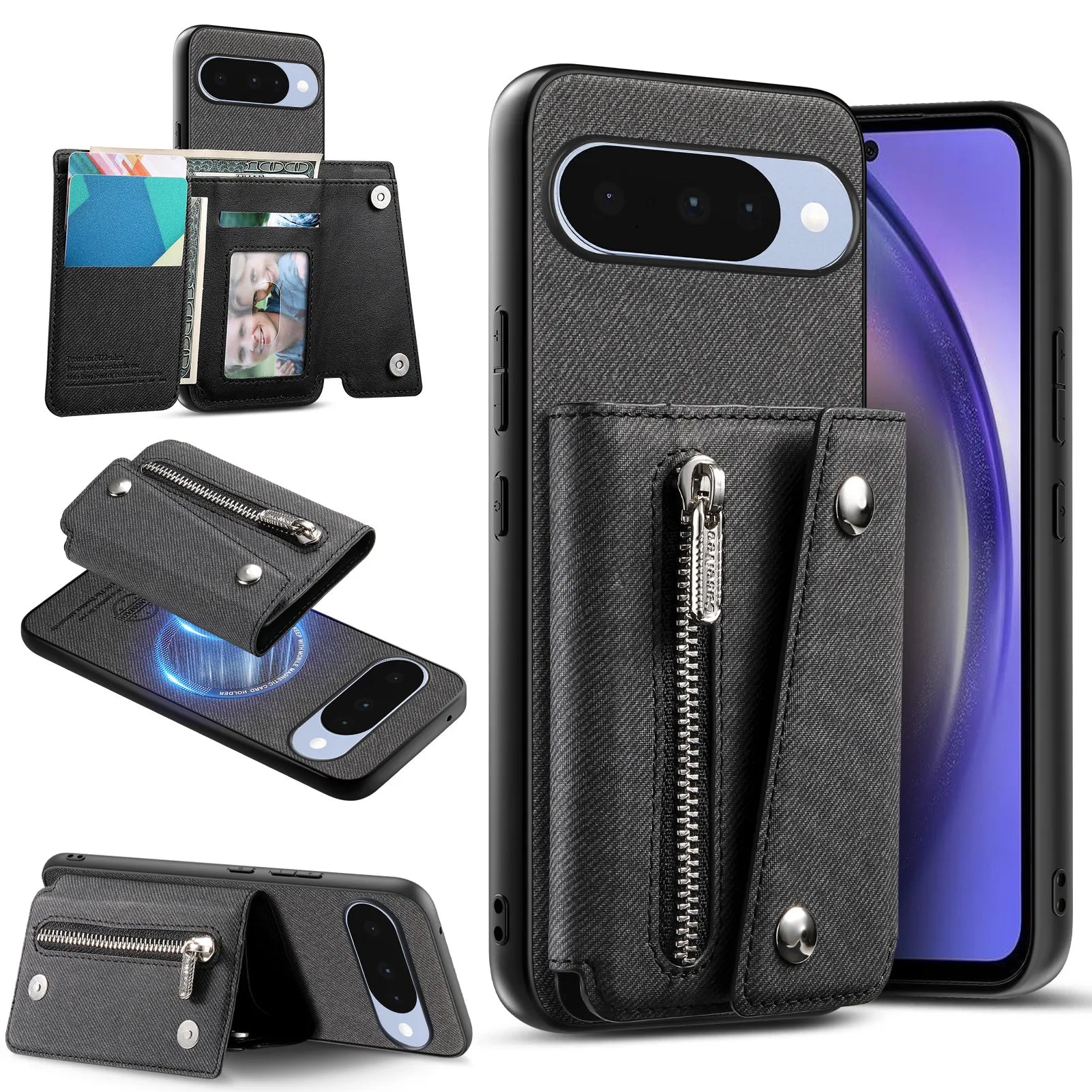 Denim Textured Leather Magnetic Case with Wallet Pocket for Google Pixel 9 Series