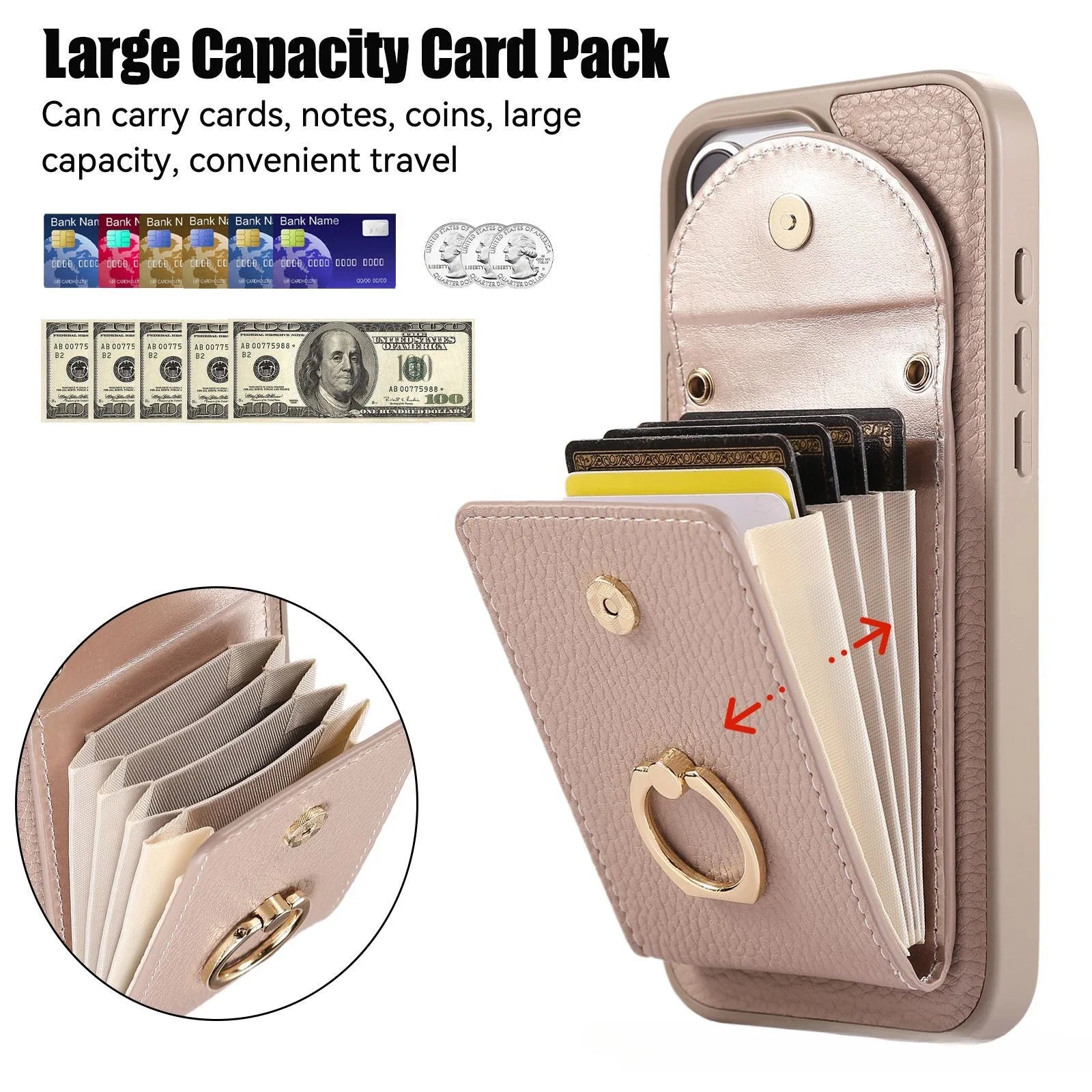 iPhone 15 Series Crossbody Leather Phone Case with Card Holder & Ring & Lanyard