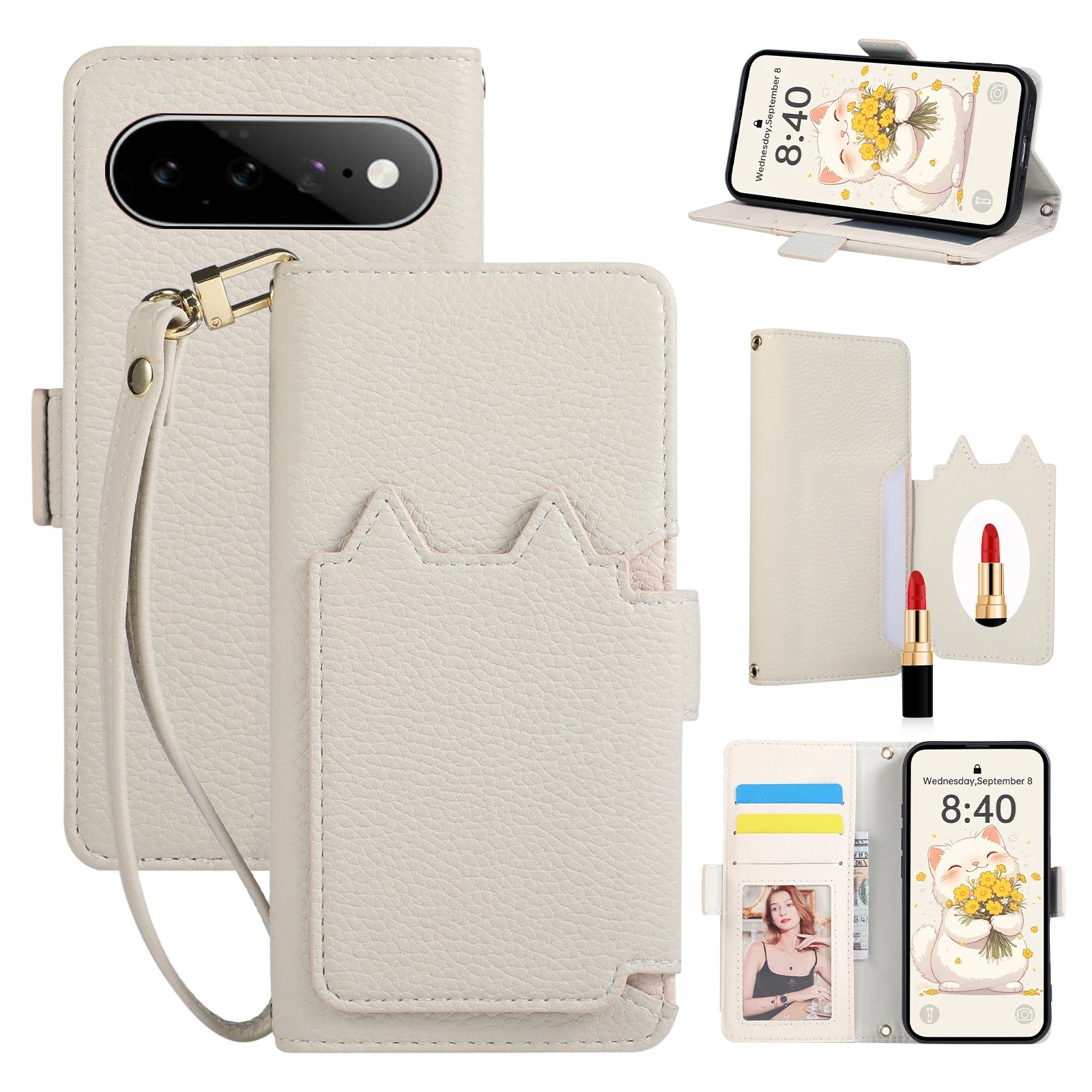 Leather Flip Case with Makeup Mirror for Google Pixel 11 Series