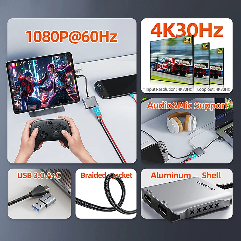 CABLETIME 4K 30Hz USB/Type-C HDMI Capture Card